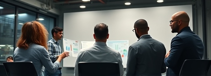 targeted custom strategy, analytical, planning, photorealistic, conference room with charts and graphs, highly detailed, team reviewing strategic documents, ISO 400, balanced color tones, overhead industrial lighting, shot with a Canon RF 24-105mm f/4L IS USM lens