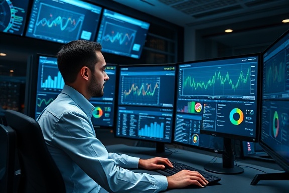 diligent keyword tracking expert, monitoring multiple screens, photorealistic, data center with servers and large monitors, highly detailed, screens displaying analytic graphs, neutral color palette, ambient lighting, shot with a standard 50mm lens