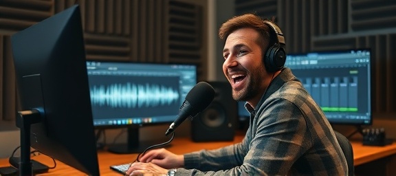 meticulous content creator, excited expression, editing a podcast episode, photorealistic, well-equipped studio with soundproofing panels, highly detailed, audio waveforms on screen, 85mm lens, warm lighting