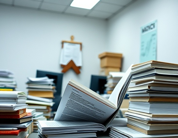 comprehensive API documentation, concentrated, reading, photorealistic, minimalist office with stacks of papers and books, highly detailed, highlighted documents, cool tones, fluorescent lighting, shot with a 35mm camera lens