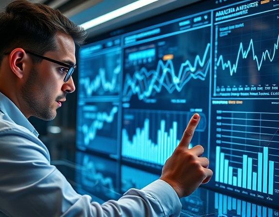 sleek analytics visualization, analytical and thoughtful expression, manipulating data in real-time, photorealistic, high-tech workspace with holographic displays, highly detailed, flowing dynamic graphs, crisp and clean color palette, focused spotlight lighting, shot with a 35mm lens