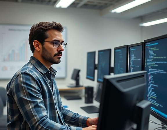 focused optimization analytics, thoughtful expression, reviewing statistical models, photorealistic, clean tech lab with whiteboard and graphs, highly detailed, multiple monitors and coding on screen, casual business attire, fluorescent lighting, shot with a wide-angle lens
