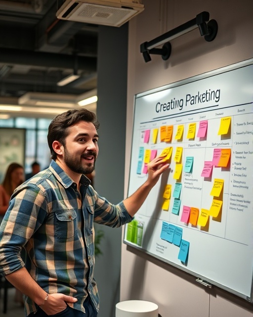creative optimization marketing, enthusiastic expression, brainstorming on a whiteboard, photorealistic, contemporary office with collaborative work environment, highly detailed, colorful post-it notes and marketing materials, casual attire, soft ambient lighting, shot with a 35mm lens