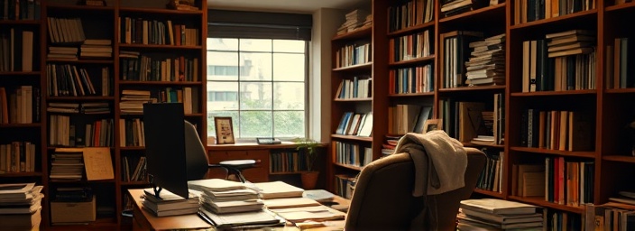 observant keyword identification consultant, highlighting key terms in documents, photorealistic, cozy personal office with cluttered desk and bookshelves, highly detailed, gentle shadows, warm tungsten lighting, shot with a telephoto lens
