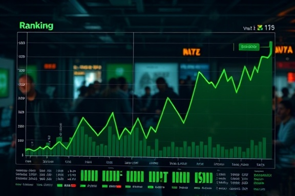 advanced ranking charts, insightful statistics, displaying insights, photorealistic, background of bustling startup environment, highly detailed, animated graph movements, high resolution, green and grey color scheme, ambient lighting, shot with a 24mm lens.