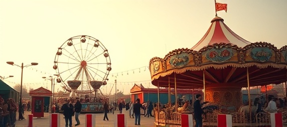 retro banner background, nostalgic expression, designed, photorealistic, vintage fairground scene with ferris wheels and merry-go-rounds in the background, highly detailed, people enjoying the rides, grainy texture, warm pastel colors, golden hour lighting, shot with a 85mm lens.
