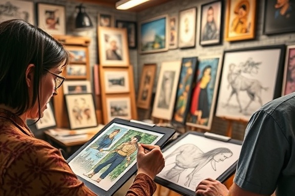 creative traffic advertising design, artists sketching, working on digital tablets, photorealistic, artistic studio filled with artwork, highly detailed, vivid drawings, warm earthy tones, ambient diffused lighting, shot with a 35mm lens