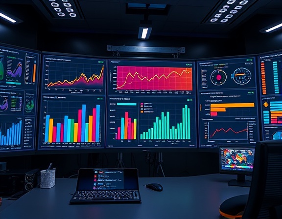analytical infographic, breaking down ad data, user-friendly design, photorealistic, set in a high-tech control room, highly detailed, animated graphs, 4K resolution, colorful, directional lighting, shot with a Fujifilm XF 18-55mm f/2.8-4 lens.