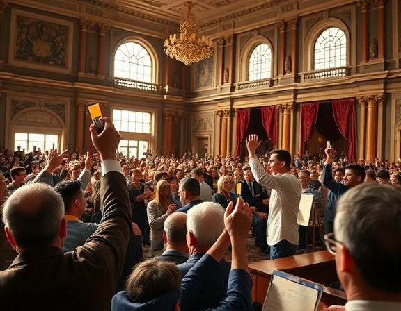 Intense bid auction, determined bidders, raising paddles, photorealistic, grand hall with classic architecture, highly detailed, animated crowd interaction, Nikon D850, rich colors, natural sunlight streaming through windows, shot with an 85mm lens.