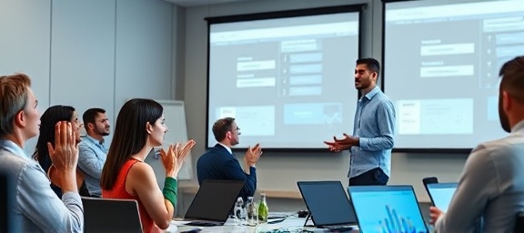 creative traffic agency presentation, team applauding, young leader speaking, photorealistic, boardroom with multimedia equipment, highly detailed, projected slides, natural skin tones, bright commercial lighting, shot with a 35mm lens