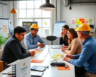 innovative traffic agency workspace, team collaborating, brainstorming session, photorealistic, co-working space with industrial decor, highly detailed, brainstorming tools and sticky notes, bright modern colors, natural sunlight, shot with a tilt-shift lens