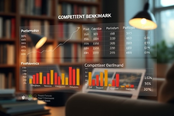 insightful competitor benchmark analysis, with detailed metrics and performance standards, evaluating market position, photorealistic, in a cozy study room with bookshelves and a tablet, highly detailed, scrolling figures and benchmarks, enhanced by bokeh effect, neutral colors, warm desk lamp lighting, shot with a 50mm lens.