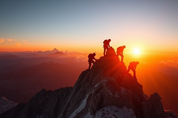 dynamic depiction of mission goal, ambitious, capturing achievement milestones, photorealistic, outdoor summit environment with mountain ranges and sunrise, highly detailed, climbers reaching peaks, 8K detail, contrasting earth tones with golden sunrise, backlit, shot with a 24mm lens.