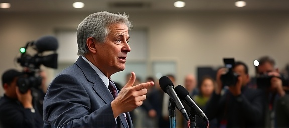 determined director, confident, defining mission purpose in a press conference, photorealistic, media room with journalists and cameras, highly detailed, microphones and flashlights, neutral colors, studio lights, shot with a 50mm lens
