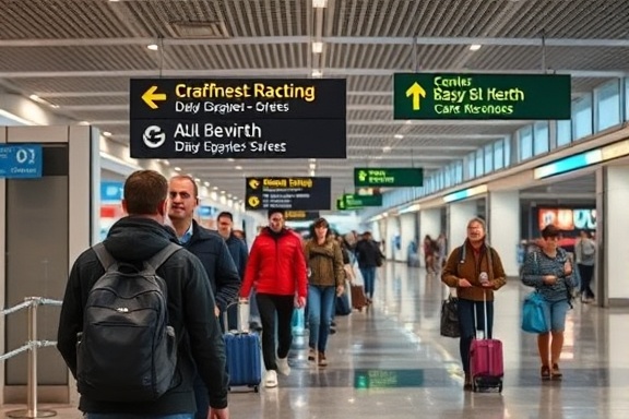 clear location signage, informative, guiding passersby, photorealistic, airport terminal with travelers and luggage, highly detailed, signs displaying directions, tack sharp, varied colors, ambient lighting, shot with a 24mm lens