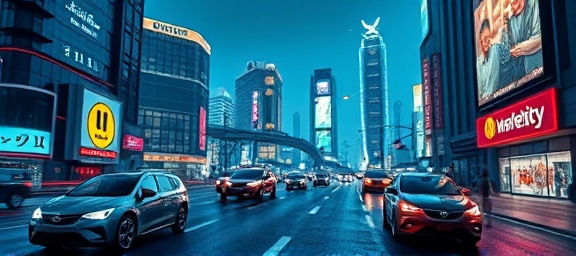 sleek banner illustration, innovative concept, drawn, photorealistic, futuristic cityscape in the background with flying cars and neon signs, highly detailed, holographic advertisements, ultra-high resolution, cool tones, artificial neon lighting, shot with a 35mm lens.