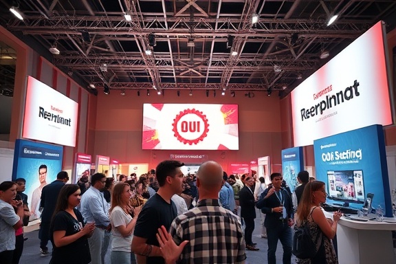 engaging custom promotion, excited, launching, photorealistic, vibrant event space with banners and stands, highly detailed, people interacting with promotional material, f/4.0 aperture for even focus, bold and bright colors, dynamic stage lighting, shot with a Fuji XF 16-55mm f/2.8 R LM WR lens