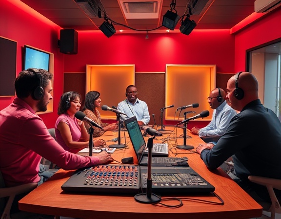 dynamic radio studio, animated, moderating a discussion, photorealistic, soundproof room with microphones and mixers, highly detailed, hosts and guests in conversation, 4K resolution, vibrant hues, studio lighting, shot with a 24mm lens