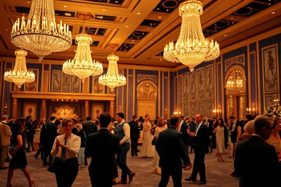 elegant banner design, sophisticated expression, crafted, photorealistic, luxurious ballroom with chandeliers and grand decor in the background, highly detailed, people dancing and mingling, fine and sharp details, rich gold and deep blue colors, ambient warm lighting, shot with a 50mm prime lens.