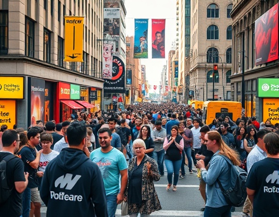engaging traffic advertising event, street performers, interacting with public, photorealistic, bustling urban plaza with lively atmosphere, highly detailed, colorful props and banners, dynamic crowd energy, mixed outdoor lighting, shot with a 24mm lens