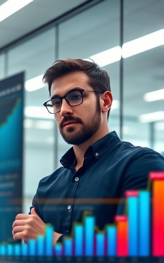 analytical content analyst, thoughtful expression, reviewing performance metrics on a dashboard, photorealistic, corporate office with glass walls, highly detailed, fluctuating data points, 70-200mm lens, fluorescent lighting