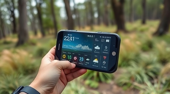 advanced realtime data, monitoring weather conditions, real-time changes visible, photorealistic, superimposed on a futuristic handheld device in a nature preserve, highly detailed, animated weather icons, 16-bit color depth, natural color tones, diffused outdoor light, shot with a prime lens
