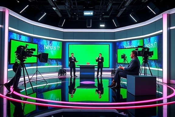 modern television studio, expressive, presenting live news, photorealistic, sleek set with green screen technology and bright lights, highly detailed, anchors and camera crew in action, 4K resolution, cool colors, bright artificial lighting, shot with an 85mm lens