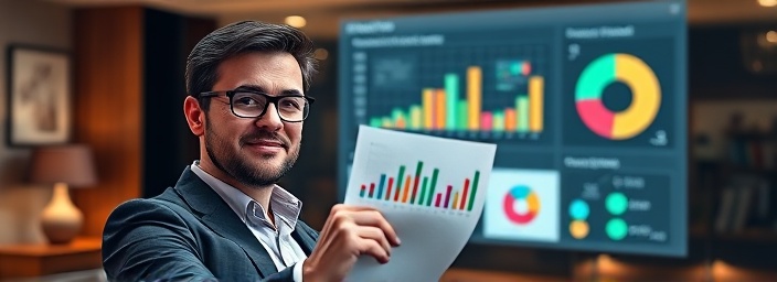 cutting-edge analytics report, confident analyst expression, presenting findings, photorealistic, elegant office environment with digital report projections, highly detailed, changing bar and pie charts, sharp and contrasting colors, natural and soft lighting, shot with a 50mm lens