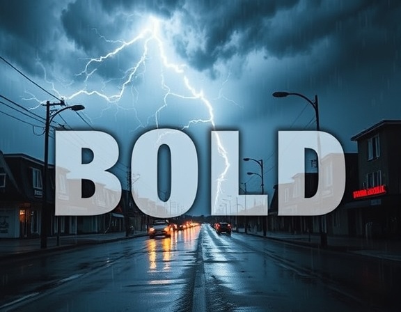 bold banner background, dramatic expression, designed, photorealistic, thunderstorm in the background with lightning striking and rainy streets, highly detailed, water droplets and reflections, ultra-clear resolution, dark and moody colors, stormy lighting, shot with a wide-angle lens.