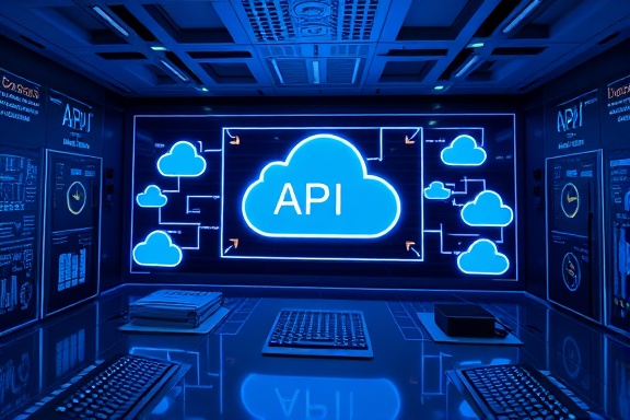 efficient API cloud setup, innovative, configuring, photorealistic, sleek tech hub with cloud symbols and holographic screens, highly detailed, digital interface, blue hues, studio lighting, shot with a 28mm camera lens