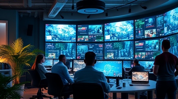 interactive digital media office, innovative, brainstorming new media projects, photorealistic, tech-infused workspace with large monitors and creative decor, highly detailed, team collaborating on screens, 4K resolution, mixed cool and warm tones, natural diffused light, shot with a 28mm lens