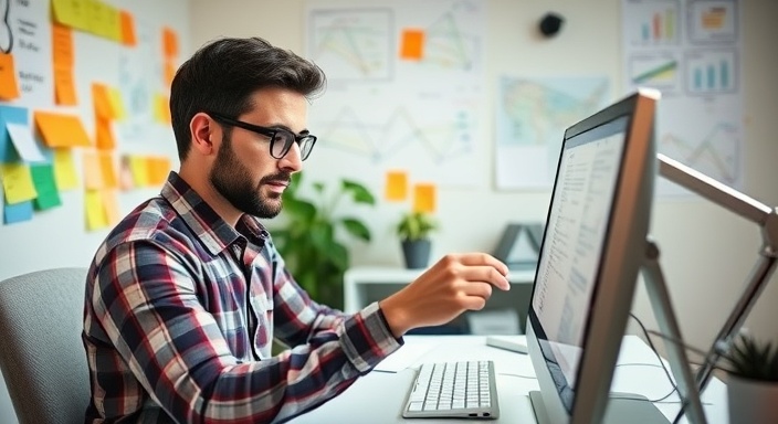 thorough keyword optimization specialist, adjusting settings on computer, photorealistic, creative workspace filled with sticky notes and diagrams on walls, highly detailed, focused expression, soft morning light, shot with a prime lens
