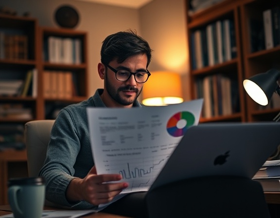 detailed optimization analytics report, analytical expression, working late night, photorealistic, cozy home office with bookshelves and desk lamp, highly detailed, printed reports and coffee cup, casual attire, dimmed warm lighting, shot with a macro lens