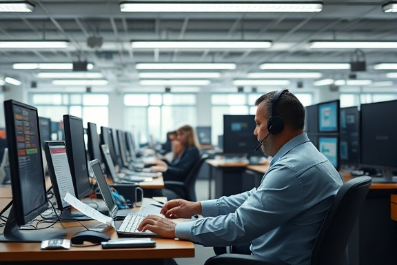busy supportdesk, focused, managing tickets, photorealistic, open-space office with cluttered desks, highly detailed, papers flying, 4K resolution, fluorescent lighting, shot with a 35mm lens