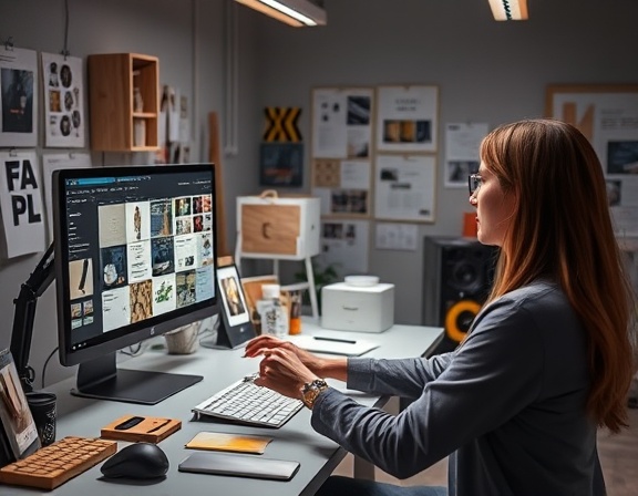 effective custom branding, focused, designing, photorealistic, creative studio with brand boards and samples, highly detailed, designer adjusting elements on a computer, ISO 200 for crystal clear image, professional color grading, soft studio lights, shot with a Nikon Z 35mm f/1.8 S lens