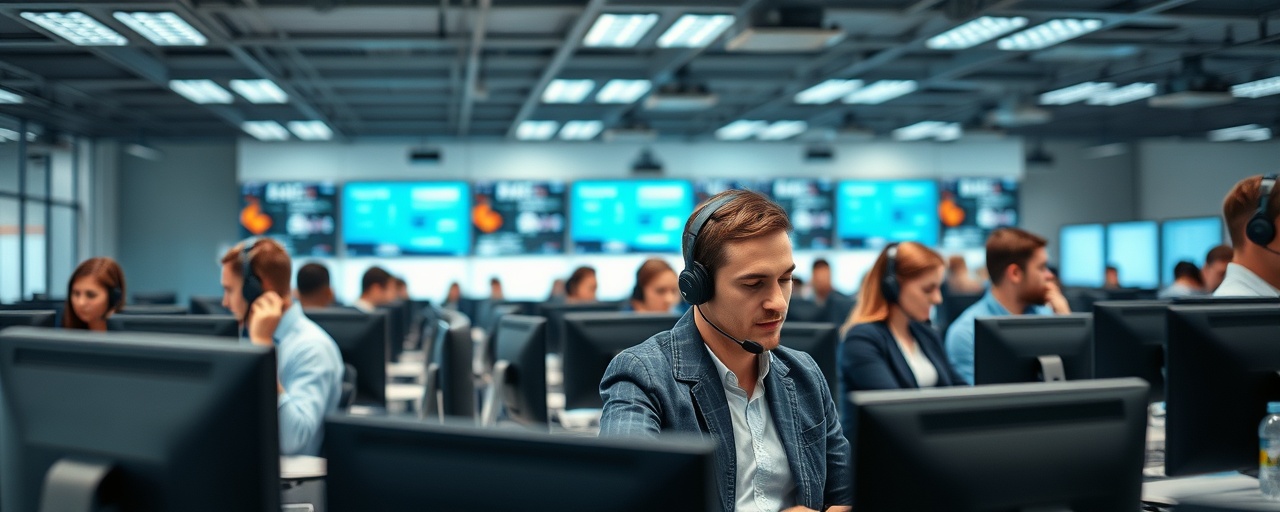 efficient supportcenter, efficient, handling multiple calls, photorealistic, spacious room filled with coworkers, highly detailed, phones ringing, 4K resolution, balanced lighting, shot with a 24mm lens