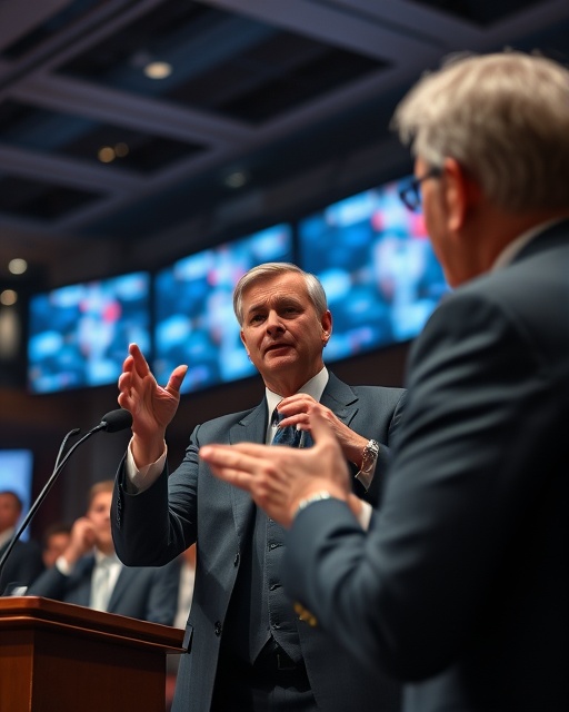 Focused auctioneer, selling ad bids, gesturing energetically, photorealistic, sleek auction house with digital displays, highly detailed, dynamic body language, Sony A7R IV, vibrant colors, stage lights, shot with a 50mm lens.