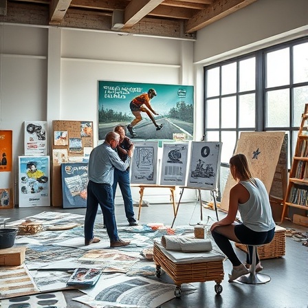 innovative traffic advertising campaign, team collaborating, creating a billboard design, photorealistic, creative studio with art materials scattered around, highly detailed, posters and sketches visible, rich color saturation, natural daylight through large windows, shot with a 24mm lens