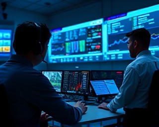 efficient traffic management operation, staff monitoring, communicating via headsets, photorealistic, high-tech facility with advanced equipment, highly detailed, blinking lights on consoles, cool blue hues, focused spot lighting, shot with a 28mm lens