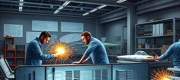 collaborative engineers, working, developing a new spacecraft, photorealistic, state-of-the-art design lab with blueprints and models, highly detailed, sparks and tool sounds in the background, cool tones, overhead lighting, shot with a 24-70mm lens