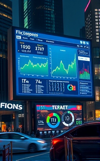immersive realtime dashboard, showing city traffic analytics, flashing updates, photorealistic, located on a massive digital billboard in an urban landscape, highly detailed, moving data visuals, ultra HD quality, vibrant colors, artificial night lighting, shot with a zoom lens