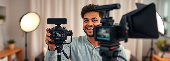 enthusiastic content creator, joyful smile, filming a vlog, photorealistic, cozy home studio with backdrop, highly detailed, dynamic flow of video recording, 24mm lens, softbox lighting