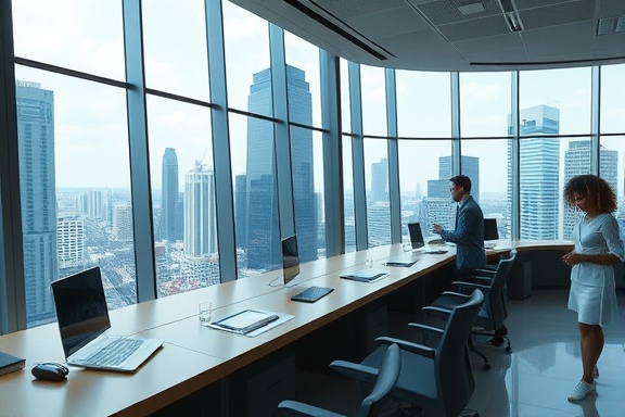 sophisticated trends forecast, predicting, modeling, photorealistic, financial district office with panoramic windows, highly detailed, real-time data updates and visual cues, 4K resolution, neutral tones, natural lighting, shot with a 55mm lens.
