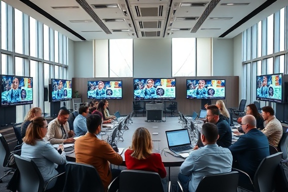 Competitive ad auction, diverse attendees, monitoring screens, photorealistic, spacious boardroom with floor-to-ceiling windows, highly detailed, discussions and analyses, Canon EOS R5, neutral colors, indoor lighting, shot with a 35mm lens.