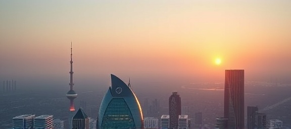 illustrative scene of mission vision, motivating, projecting long-term goals, photorealistic, expansive horizon view from an advanced headquarters, highly detailed, architectural marvels and sustainable projects, 4K resolution, soft pastel sunrise, diffused natural light, shot with an 18mm lens.