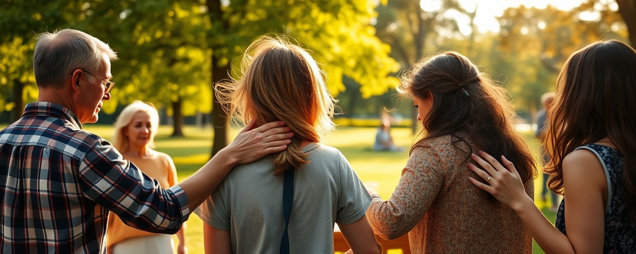friendly touch network, people expressing kinship and support, patting the back, photorealistic, in a sunny park with lush green trees and a picnic setup, highly detailed, subtle wind creating movement in hair and clothes, ISO 100 for fine detail, vibrant colors, golden hour sunlight, shot with an 85mm lens