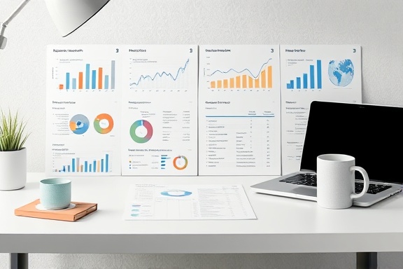 meticulous competitor research report, with graphs and charts neatly organized, summarizing analytical results, photorealistic, on a minimalist desk with a laptop and coffee mug, highly detailed, interactive data visualizations, showcased with high resolution, pastel hues, soft indoor lighting, shot with an 85mm lens.