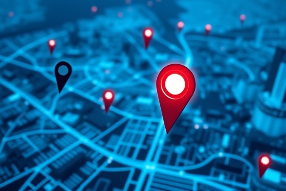 precise location target, dynamic, highlighting accuracy, photorealistic, tech interface overlay with city map in the background, highly detailed, markers and indicators lighting up, ultra high definition, cool blue hues, LED screen glow, shot with an 85mm lens