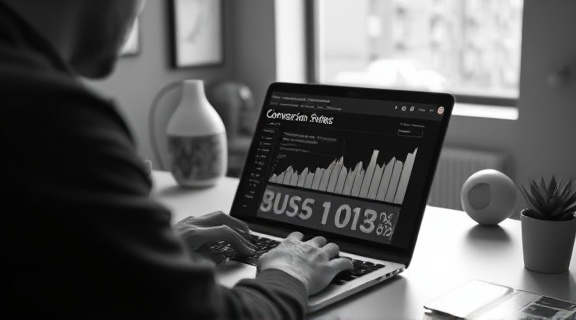 focused marketing dashboard, analytical, studying conversion rates, photorealistic, minimalistic workspace with a single laptop, highly detailed, on-the-fly adjustments to graphs, 4K clarity, monochrome theme with highlights, overhead soft lighting, shot with a 35mm lens