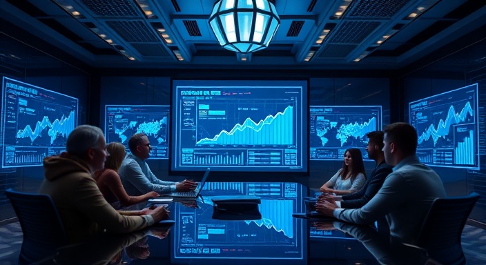 dynamic seo performance, team collaboration, presenting findings, photorealistic, futuristic conference room with holograms, highly detailed, moving statistical representations, 6K resolution, vibrant colors, diffused lighting, shot with a 70-200mm telephoto lens